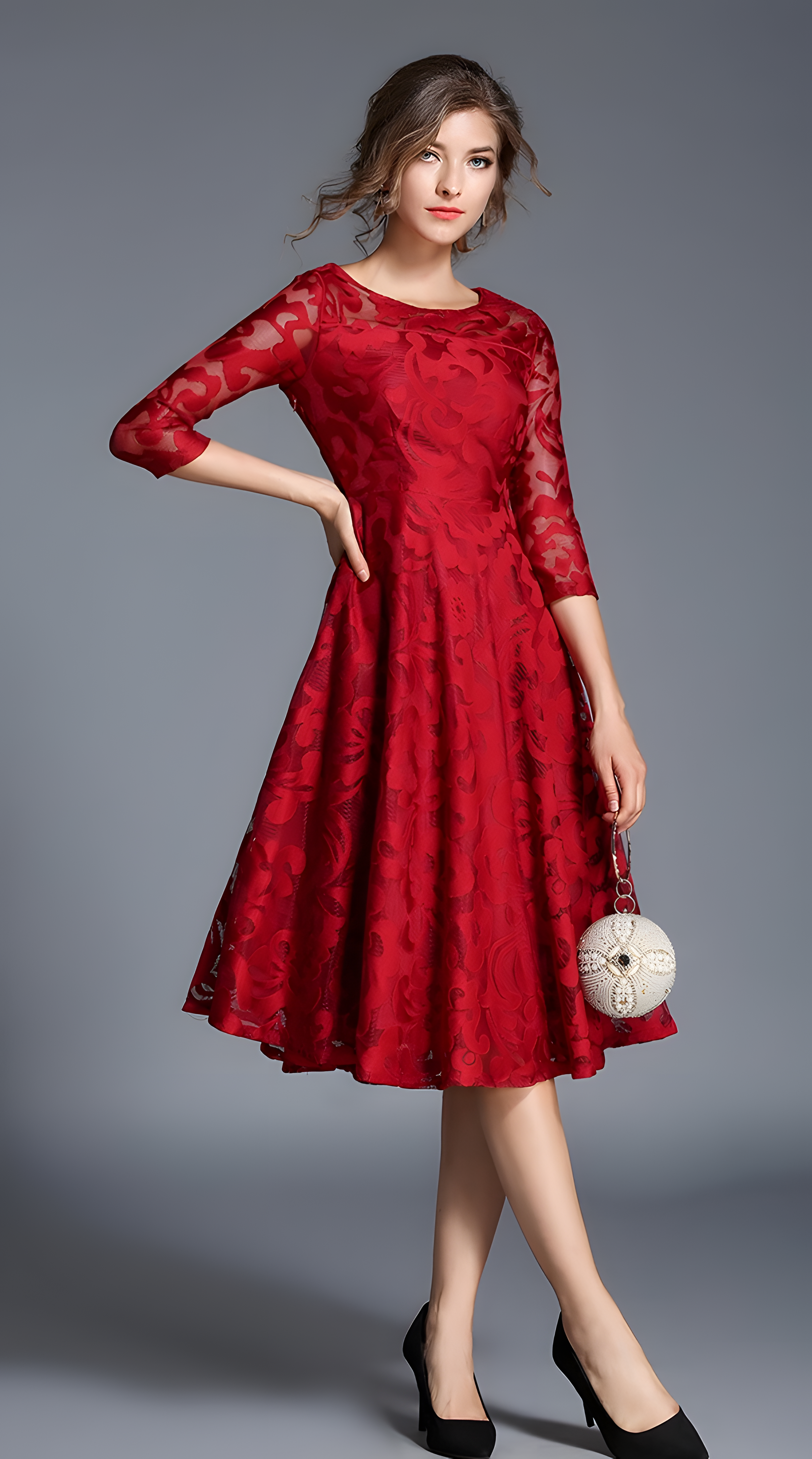 Lace Flocking Boat Neck Fitted Vest Large Hem Skirt Dress - 607715875502_CLARET