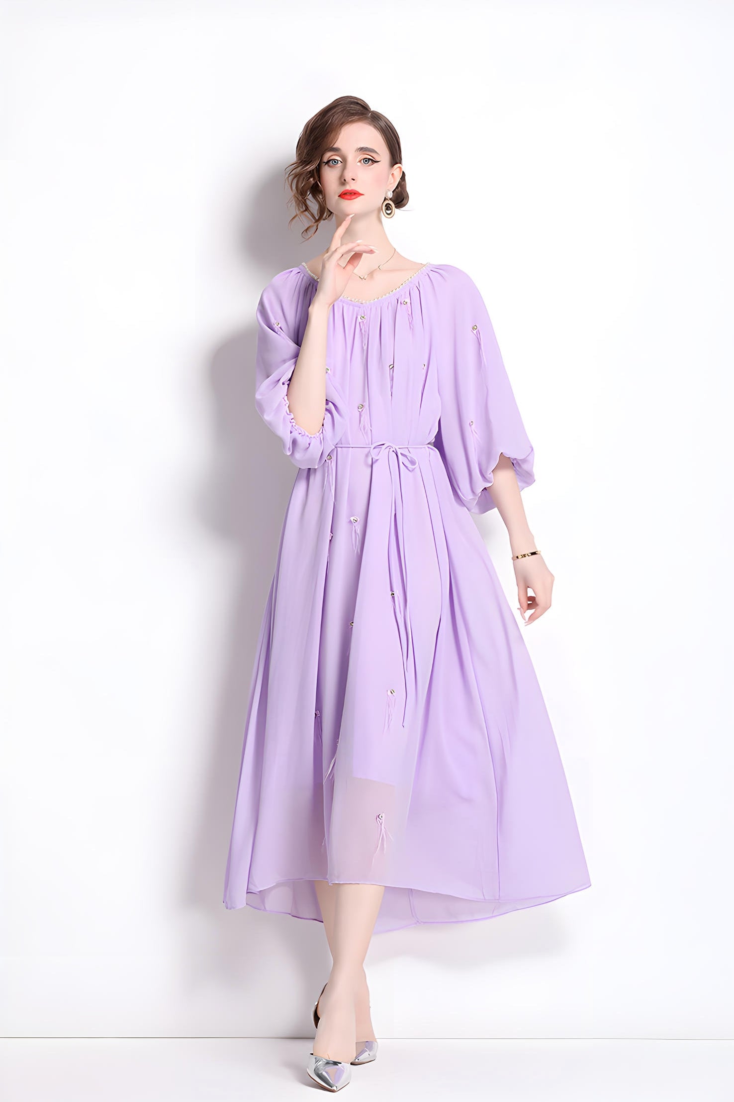 Tassel and Jewel Embellished Lavender Chiffon Dress - 808431656493_LAV