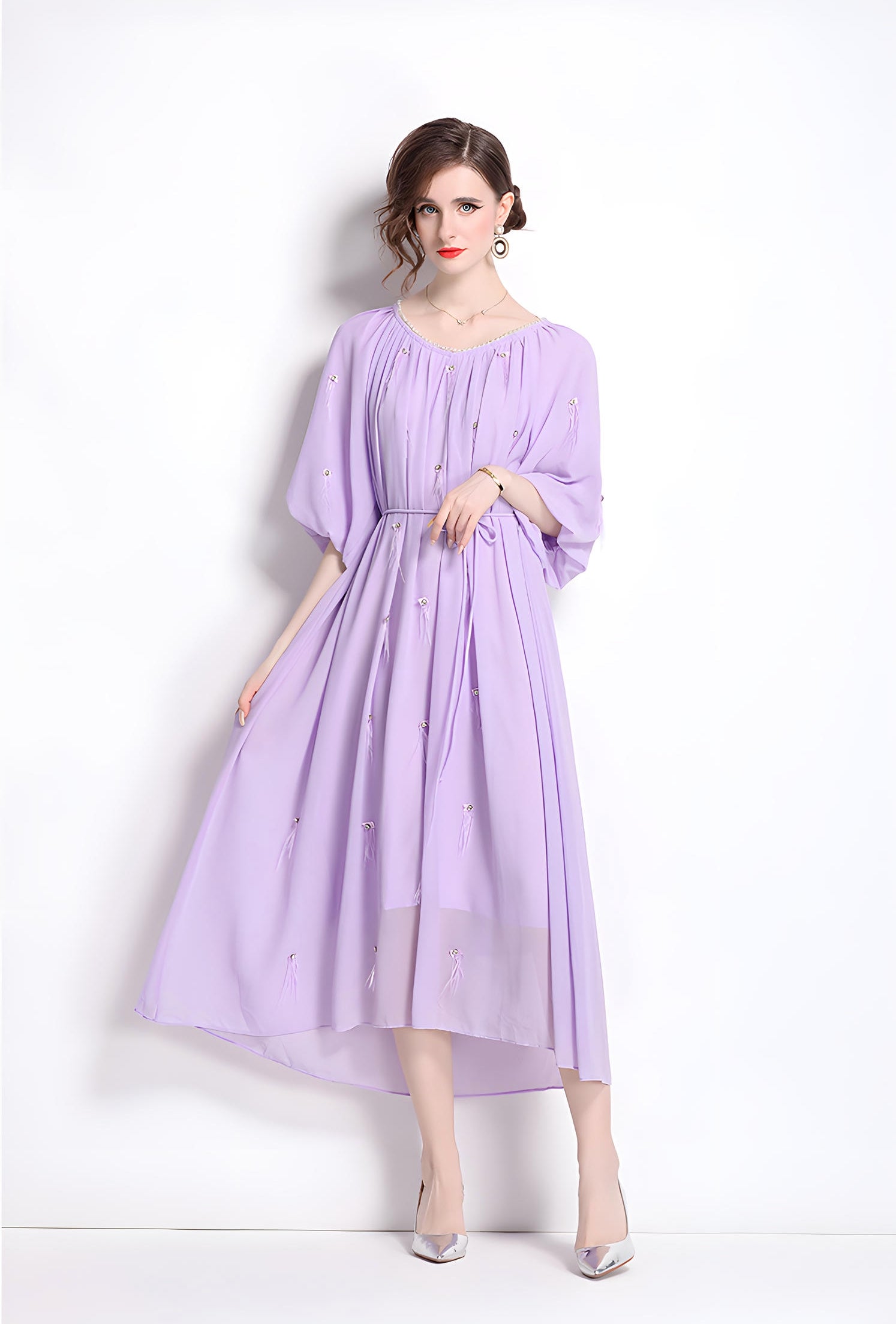 Tassel and Jewel Embellished Lavender Chiffon Dress - 808431656493_LAV