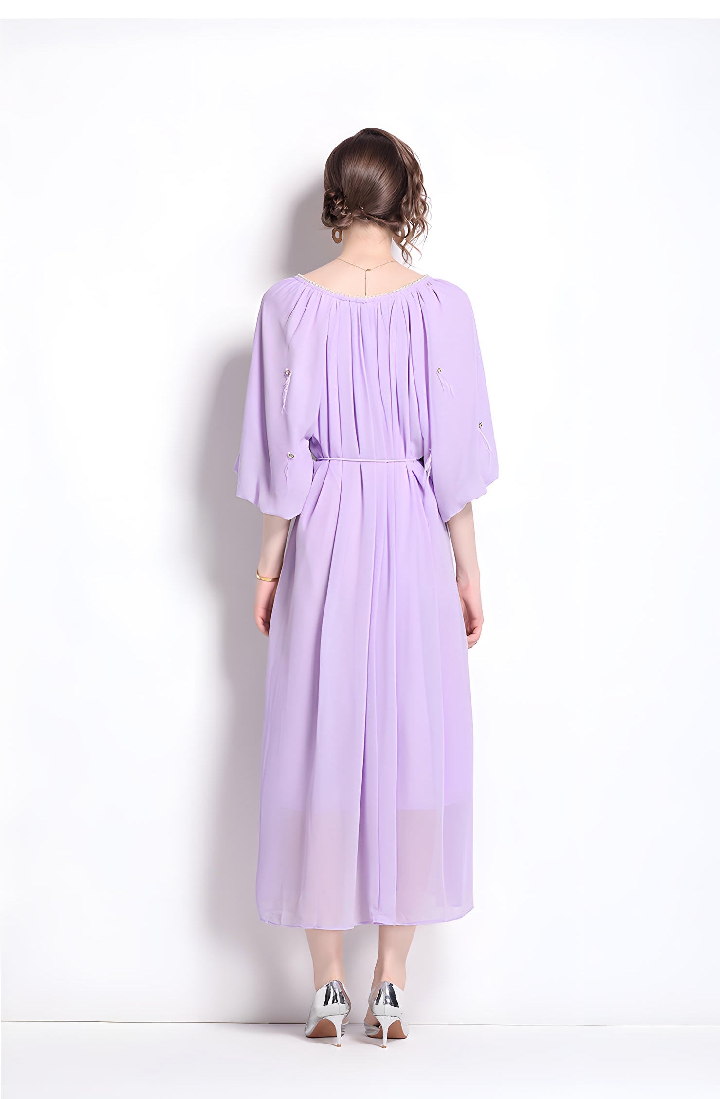 Tassel and Jewel Embellished Lavender Chiffon Dress - 808431656493_LAV