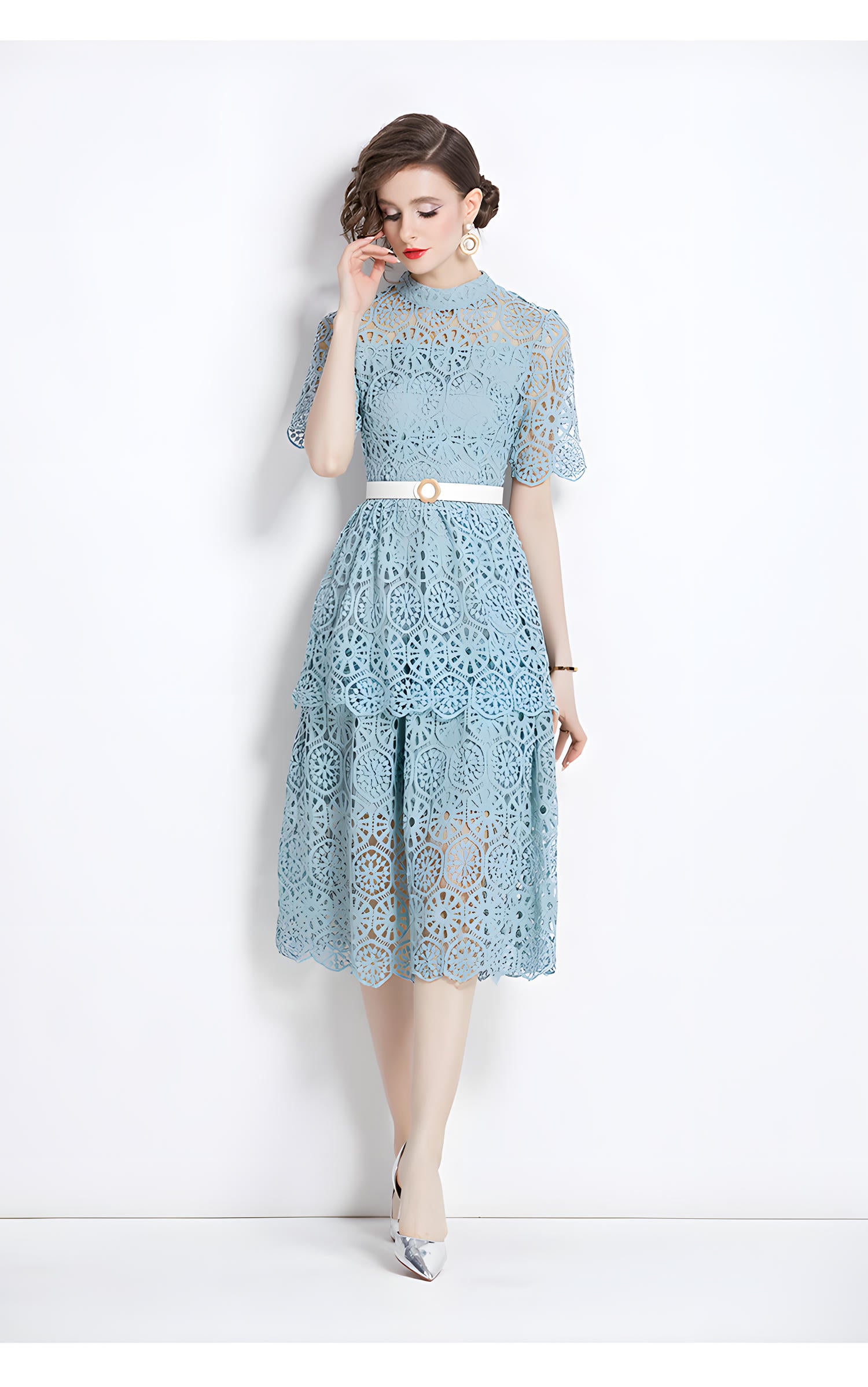 Luxury Multilayer French Lace High Neck Sage Green Dress With Belt - 510#609_GRE