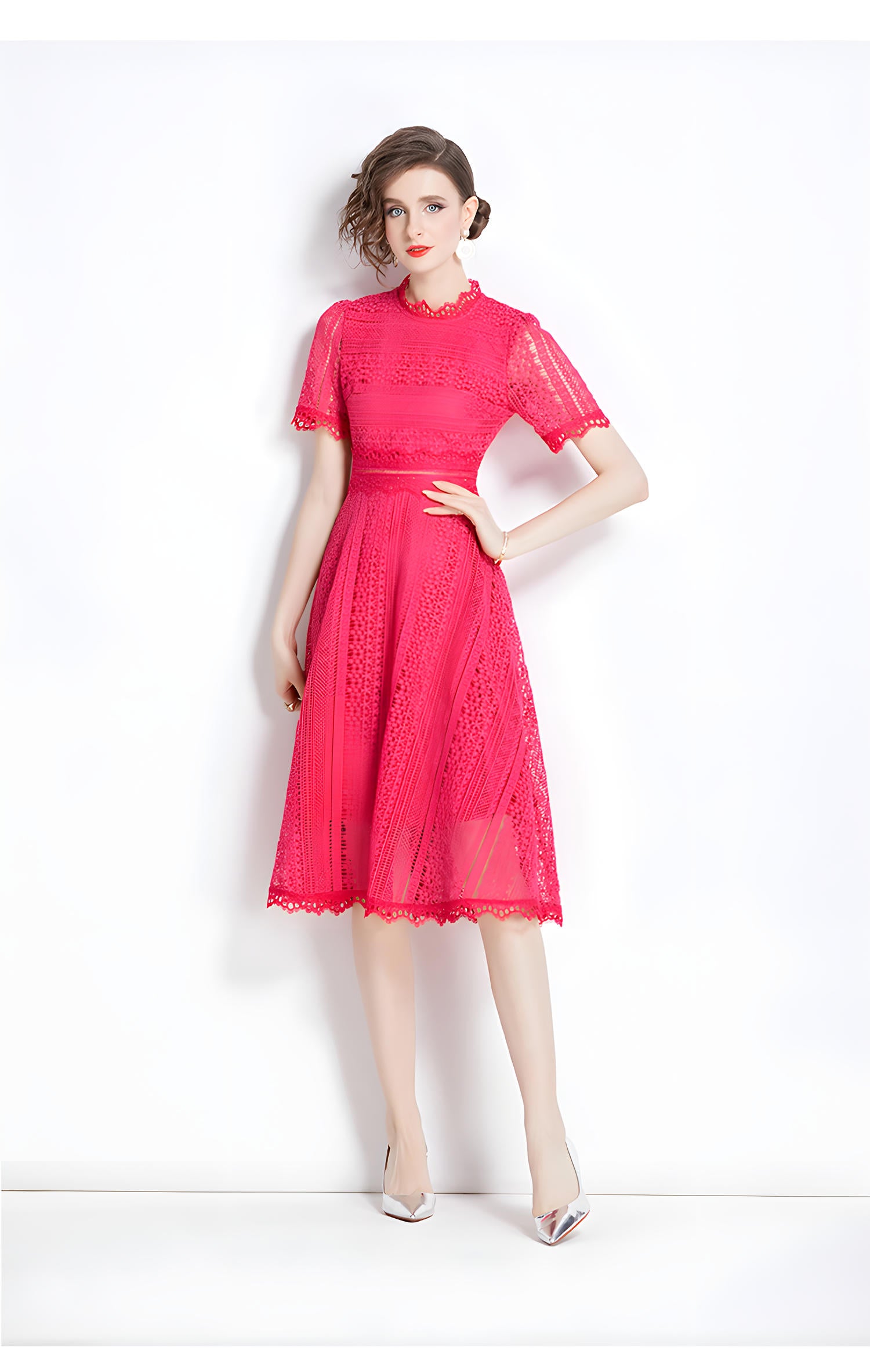 Luxury French Lace Jewel Neck Rose Red Dress - 533#609_ROS