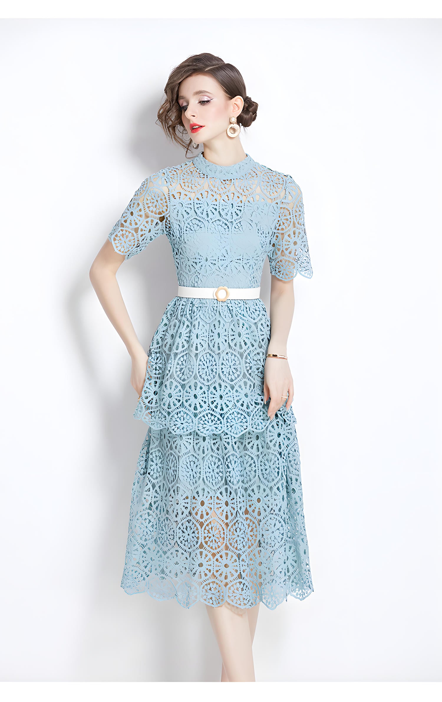 Luxury Multilayer French Lace High Neck Sage Green Dress With Belt - 510#609_GRE