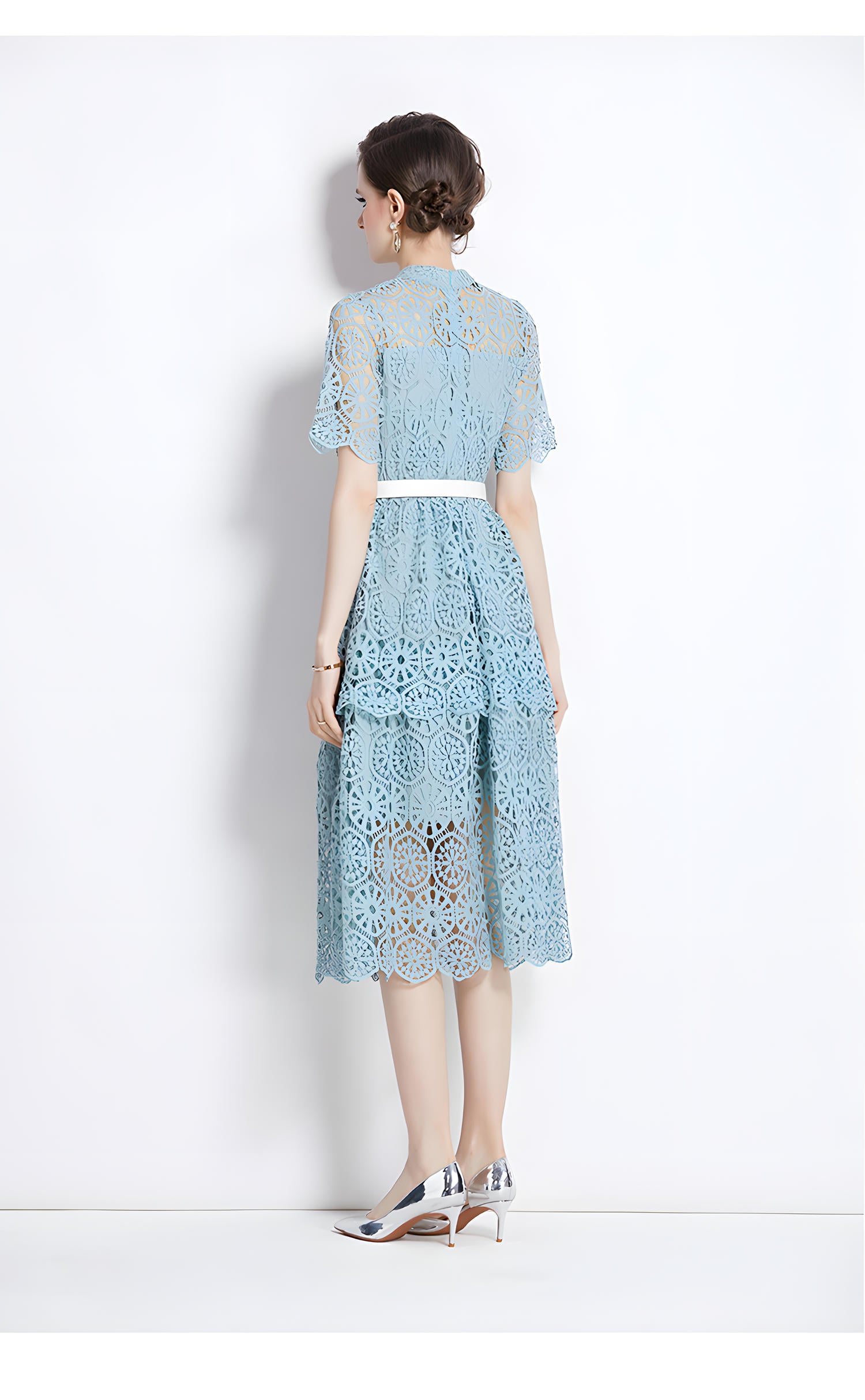 Luxury Multilayer French Lace High Neck Sage Green Dress With Belt - 510#609_GRE