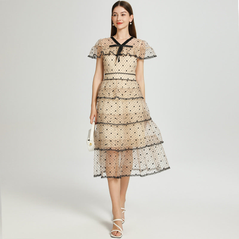 Midnight Dots Sheer Layered Midi Dress - 906831310848_APRICOT