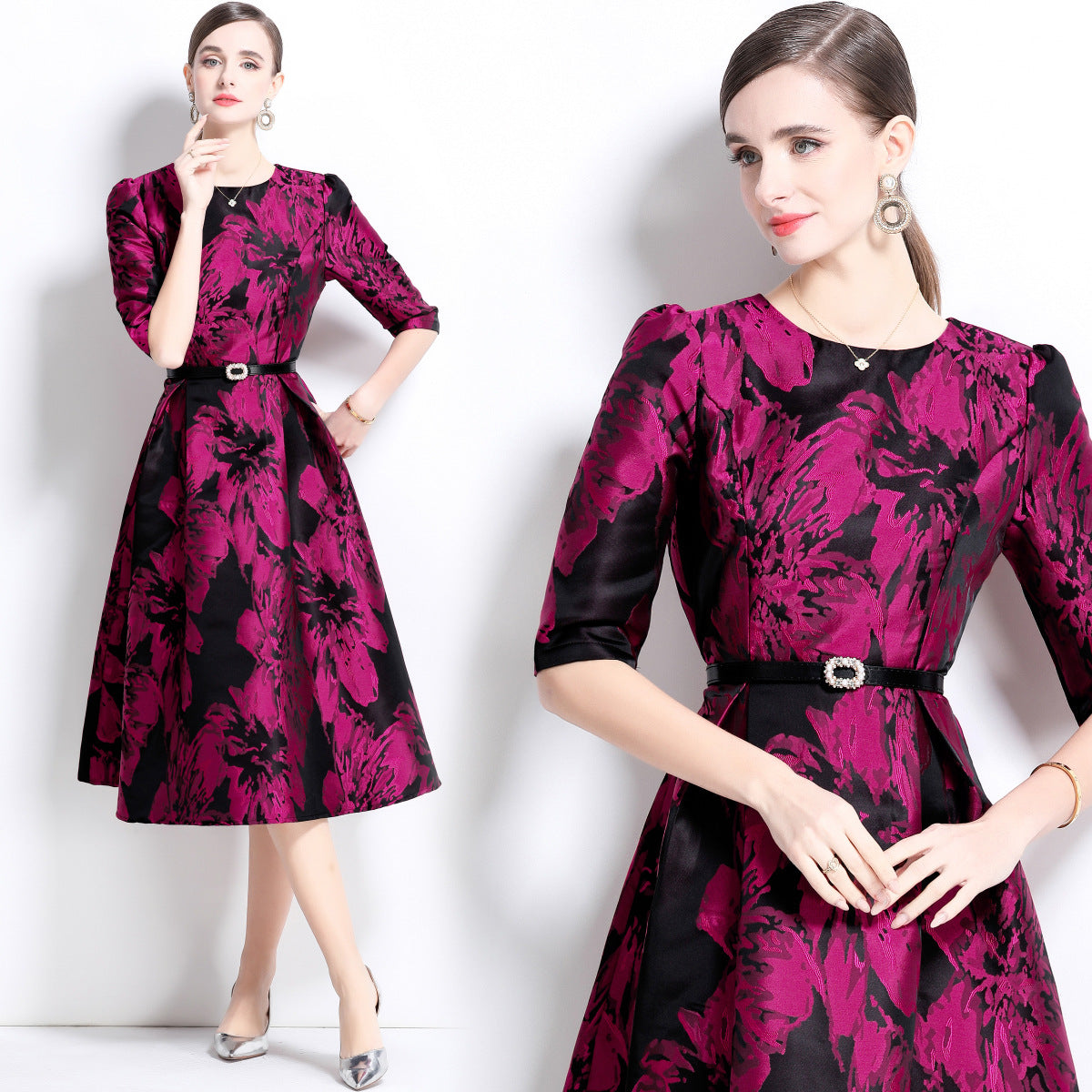 Jacquard Fuchsia Dress With Fitted Vest and Hepburn skirt