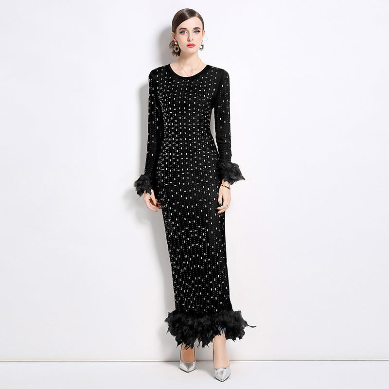 Black Heavy Embellished Stretchable Feather Sleeves Mesh Black Party Dress