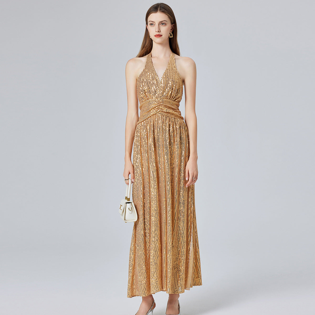 Gold Sequin Halter Maxi Dress