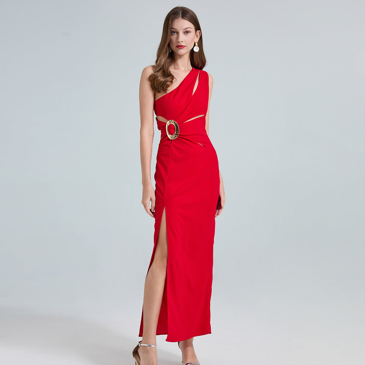 Red One-Shoulder Cutout Gown
