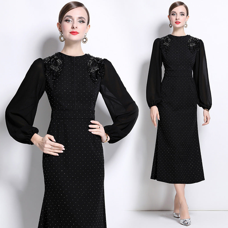 Elegant Noir Embellished Midi Dress - 918137011583_BLACK