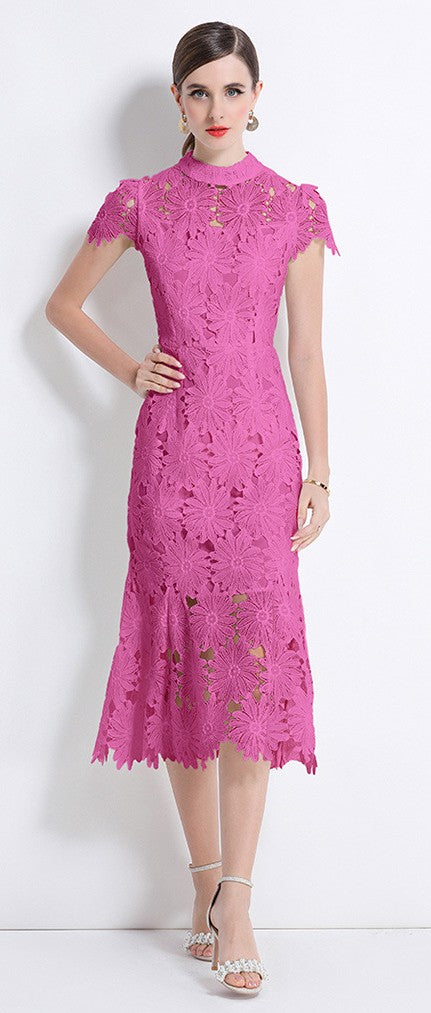 Fuchsia Petal Lace Midi Dress