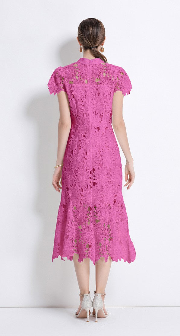 Fuchsia Petal Lace Midi Dress