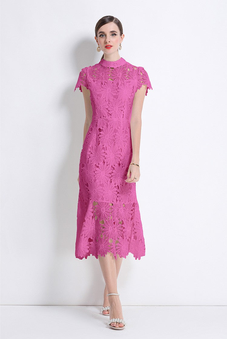 Fuchsia Petal Lace Midi Dress