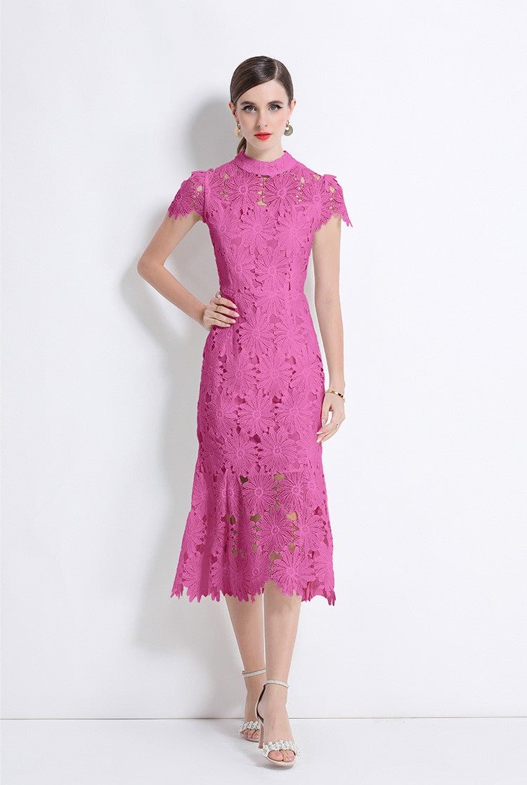 Fuchsia Petal Lace Midi Dress
