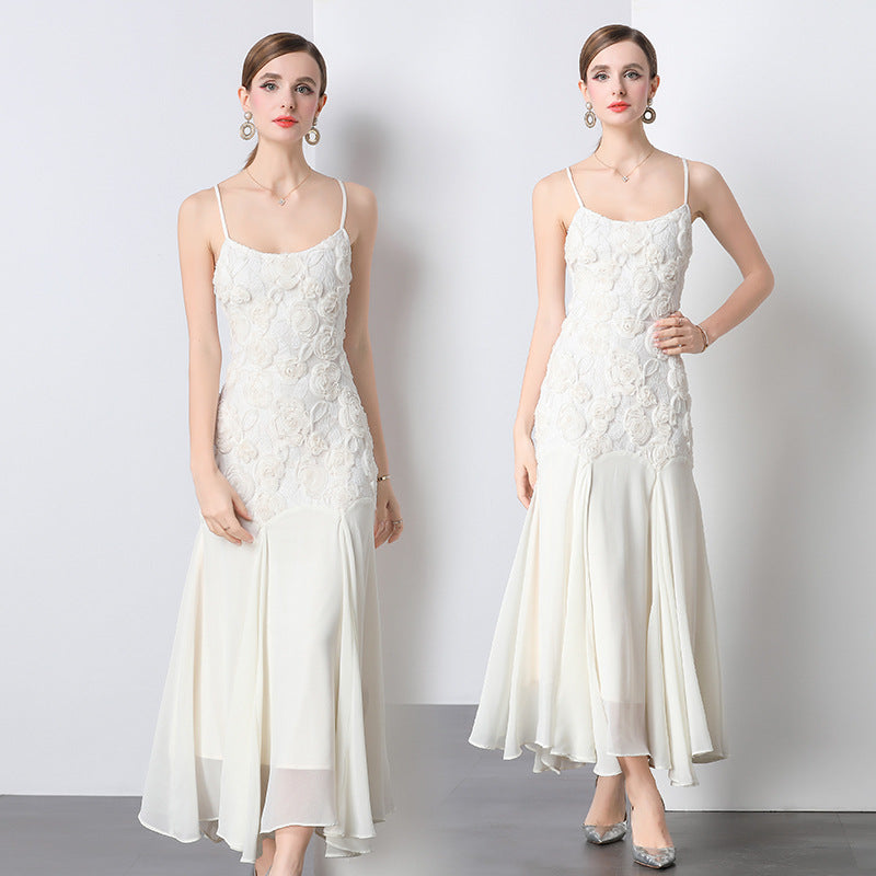 Elegant Rosette Lace Mermaid Dress - 903964984687_OFFWHITE