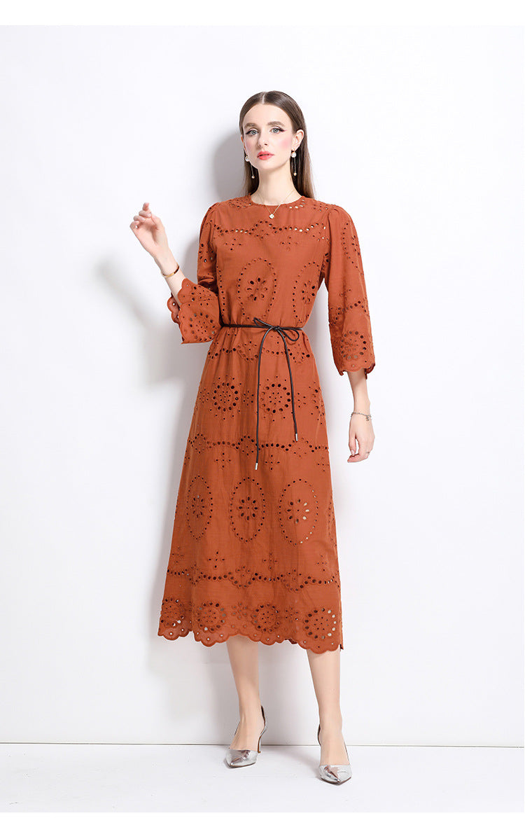 Terracotta Eyelet Midi Dress - 902368523846_BROWN