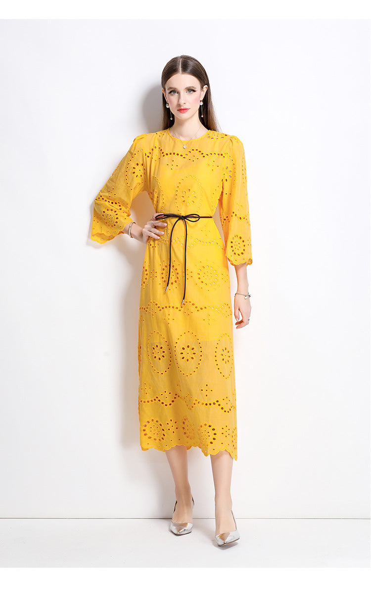 Sunburst Eyelet Belted Midi Dress - 902368523846_TURMERIC