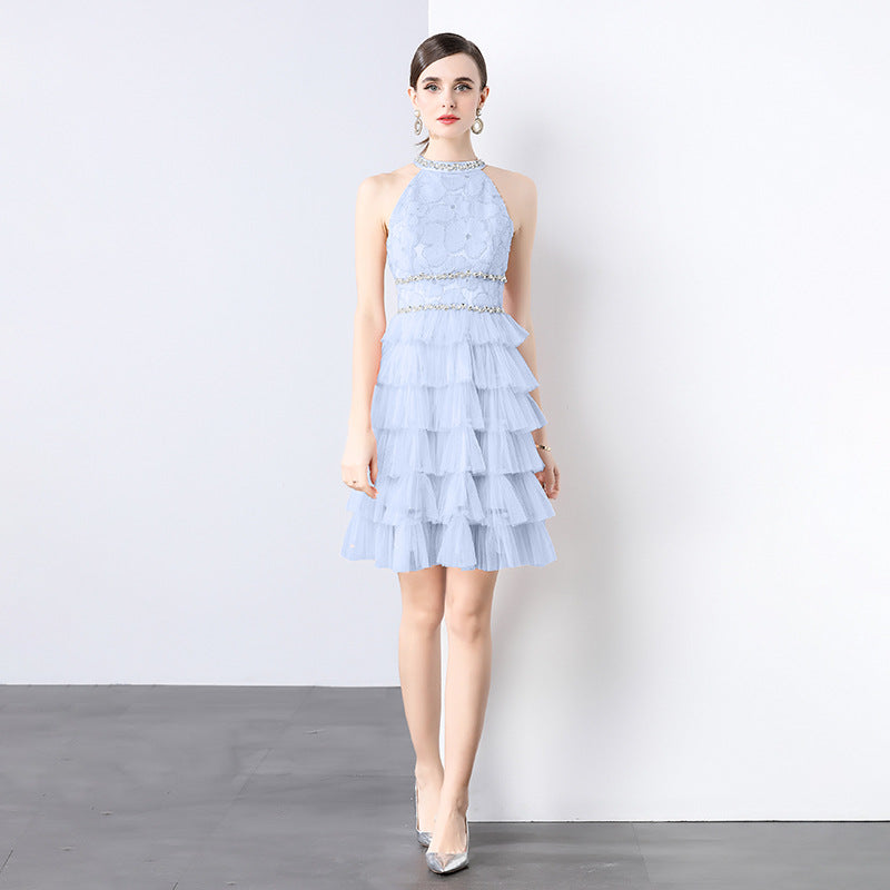 Frosted Blue Tulle Ruffle Cocktail Dress