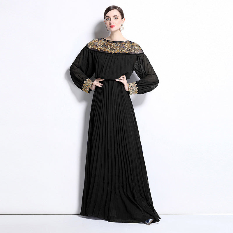 Black Embroidered Pleated Gown