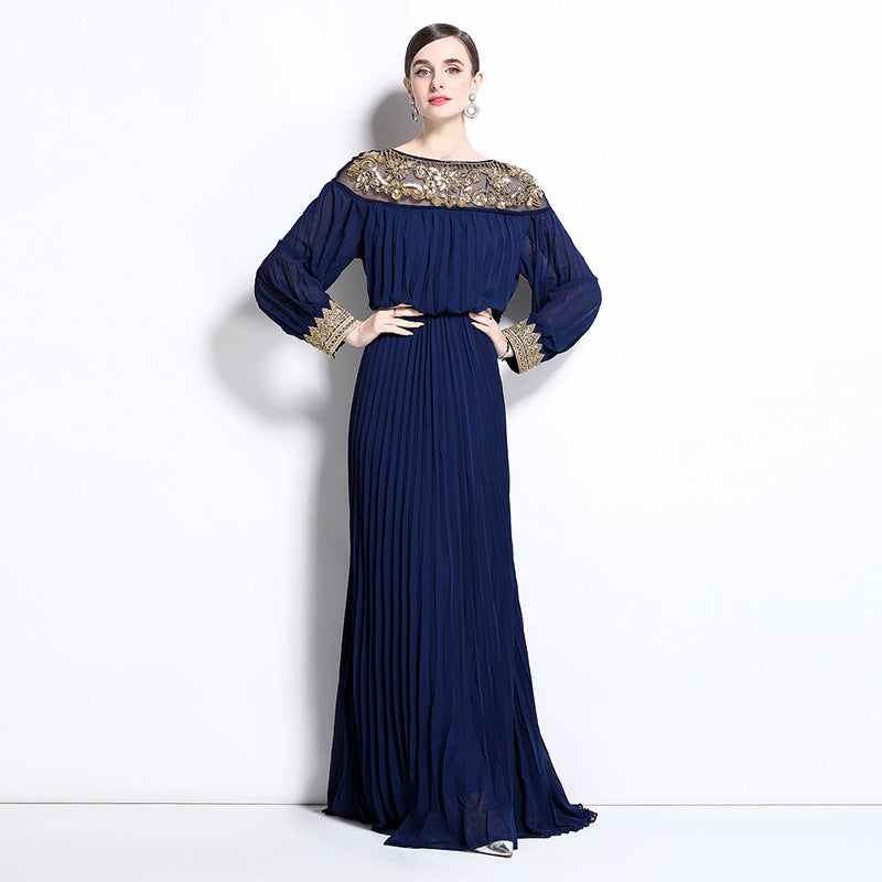 Midnight Majesty Embroidered Pleated Gown
