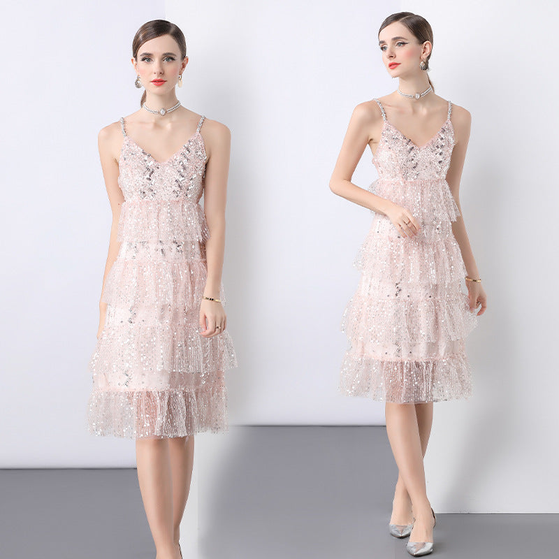 Blush Sequin Tiered Midi Dress