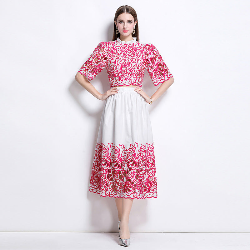 Red Embroidered Cutout Two Piece Dress