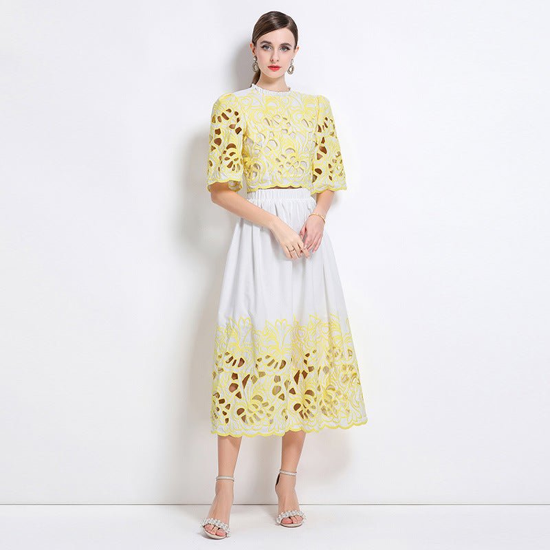 Yellow Embroidered Cutout Two Piece Dress