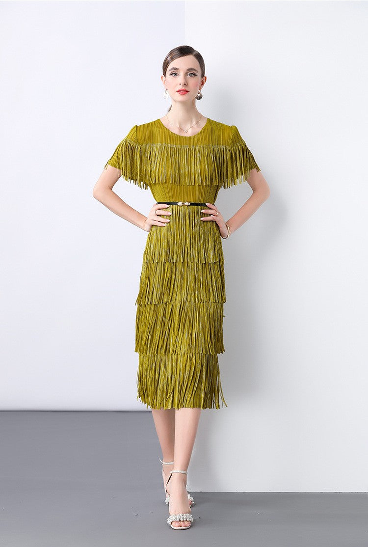 Golden Olive Fringe Flair Dress