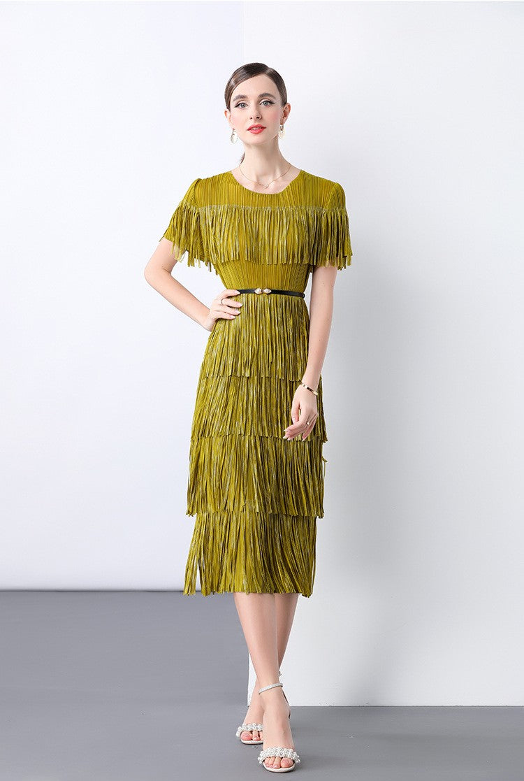 Golden Olive Fringe Flair Dress