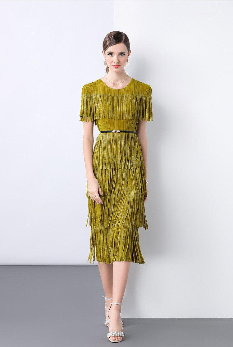 Golden Olive Fringe Flair Dress