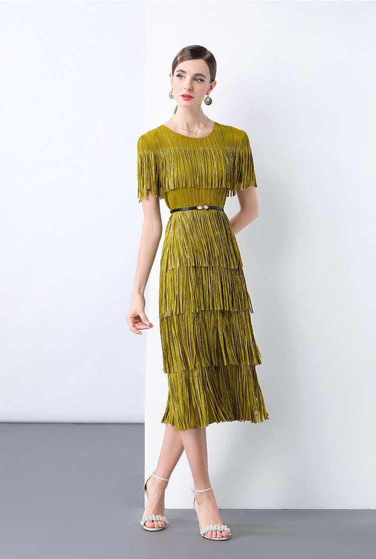 Golden Olive Fringe Flair Dress