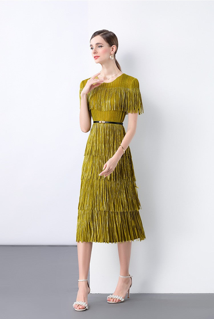Golden Olive Fringe Flair Dress