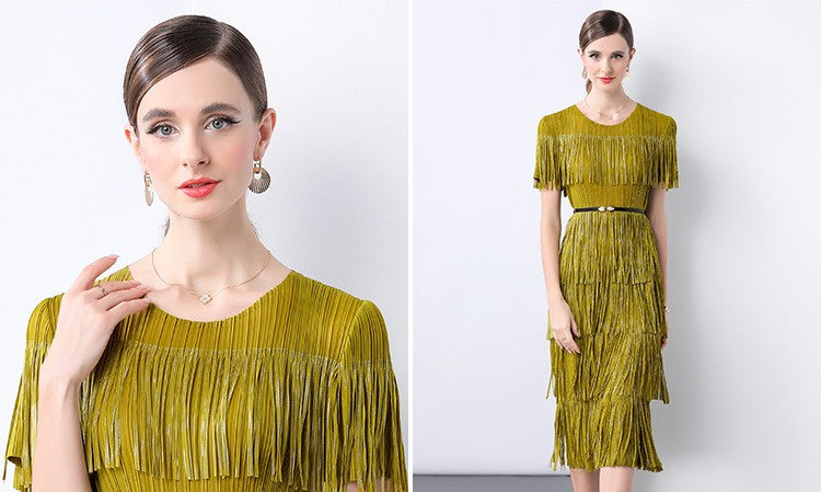 Golden Olive Fringe Flair Dress