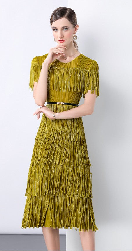 Golden Olive Fringe Flair Dress