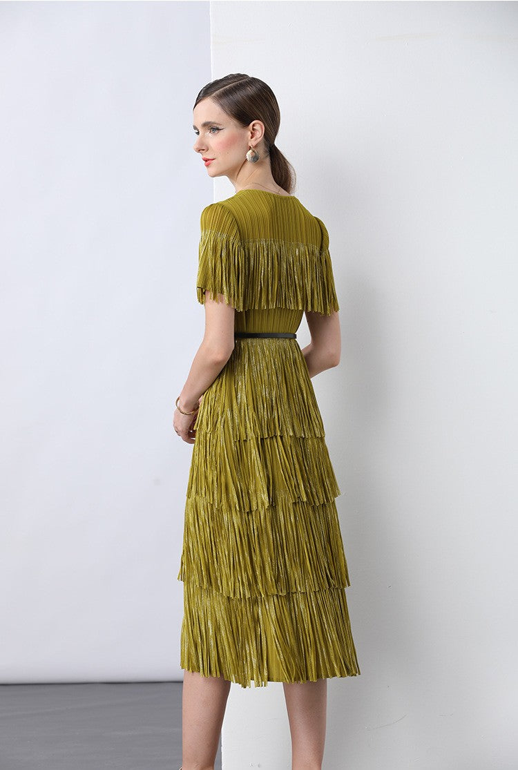 Golden Olive Fringe Flair Dress
