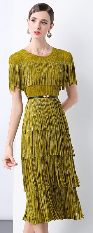 Golden Olive Fringe Flair Dress