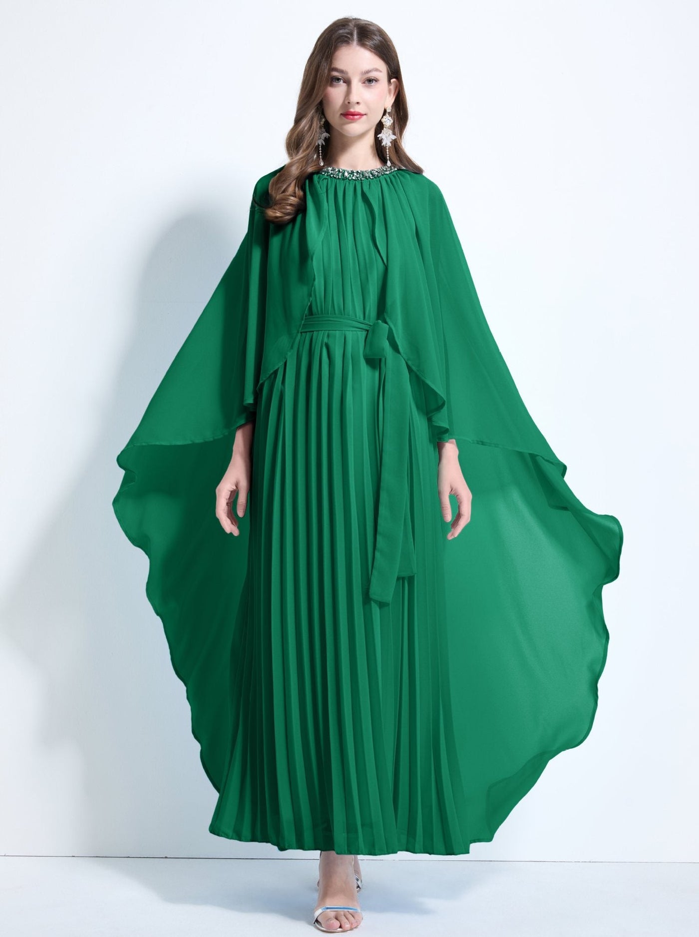 Emerald Green Pleated Cape Maxi Dress CHANCY : Premium Western Wear Emerald Green Pleated Cape Maxi Dress CHANCY : Premium Western Wear