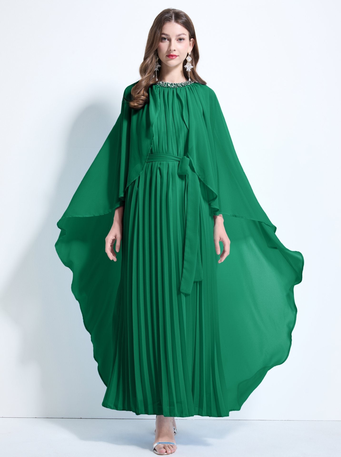 Emerald Green Pleated Cape Maxi Dress