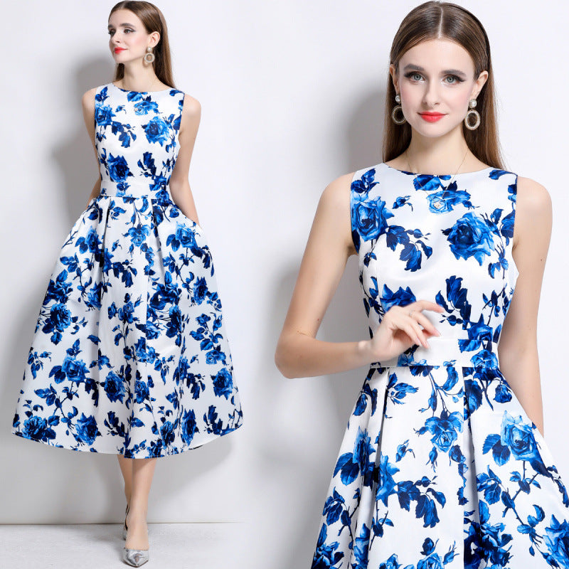 Sapphire Bloom Sleeveless Midi Dress