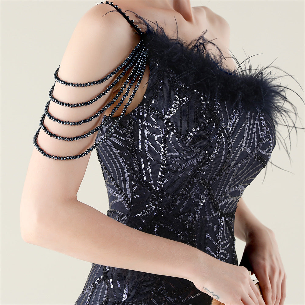 Navy Beaded Whisper Gown