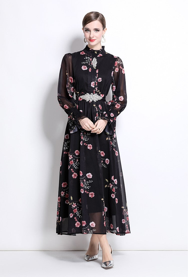 Black Flowy Floral Tiered Chiffon Gown With Belt