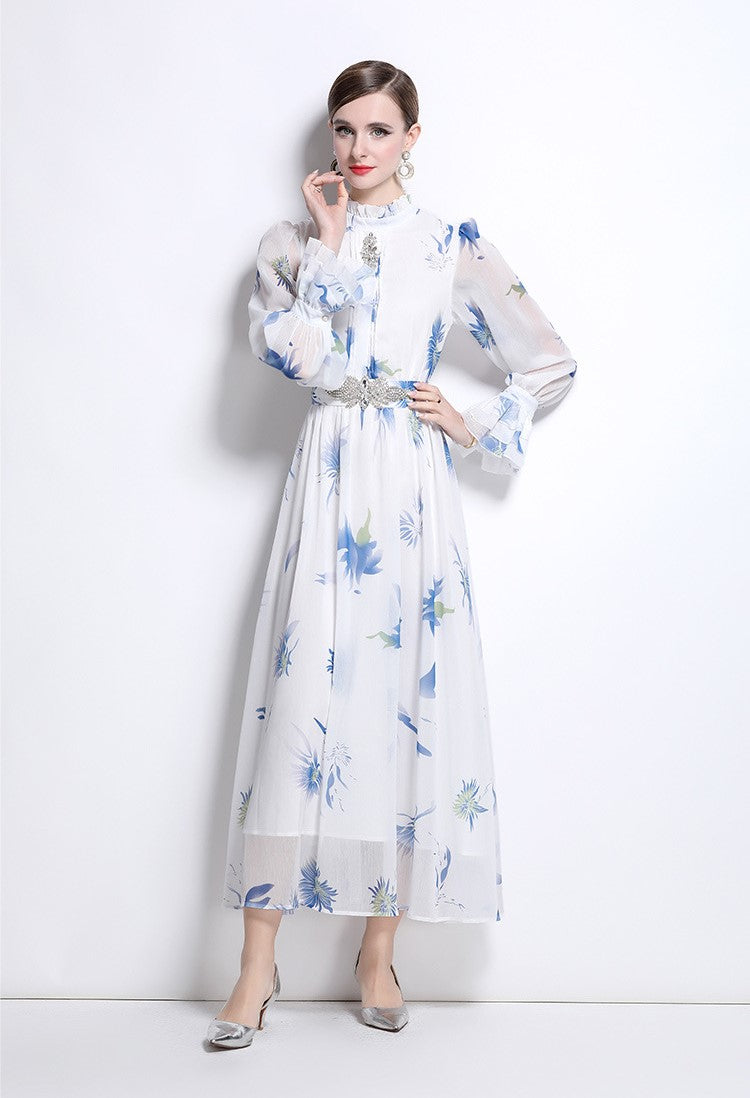 Blue Cherry Flowy Floral Tiered Chiffon Gown With Belt