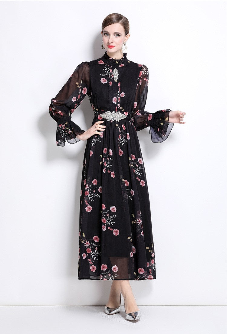 Black Flowy Floral Tiered Chiffon Gown With Belt