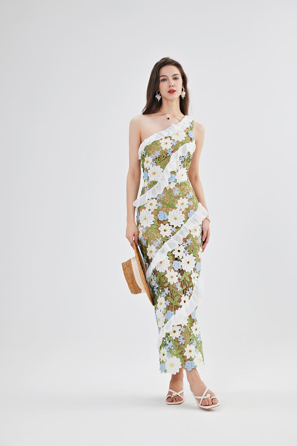 Green Floral Lace Ruffle Dress