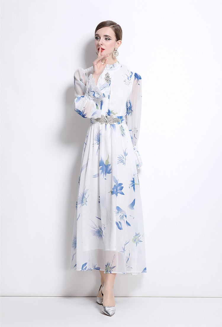 Blue Cherry Flowy Floral Tiered Chiffon Gown With Belt