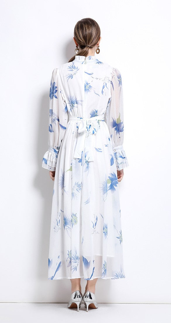 Blue Cherry Flowy Floral Tiered Chiffon Gown With Belt