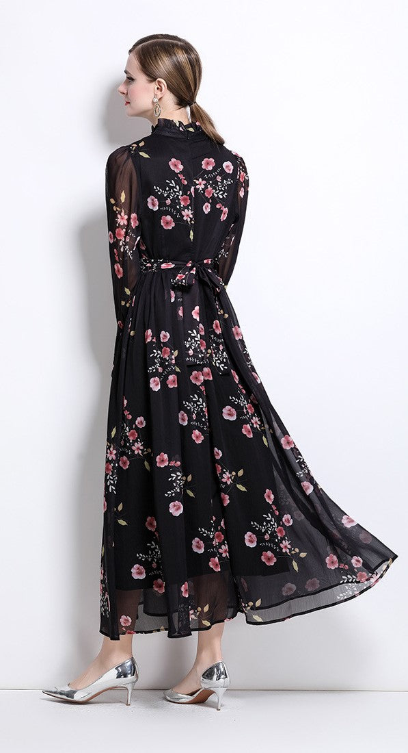 Black Flowy Floral Tiered Chiffon Gown With Belt