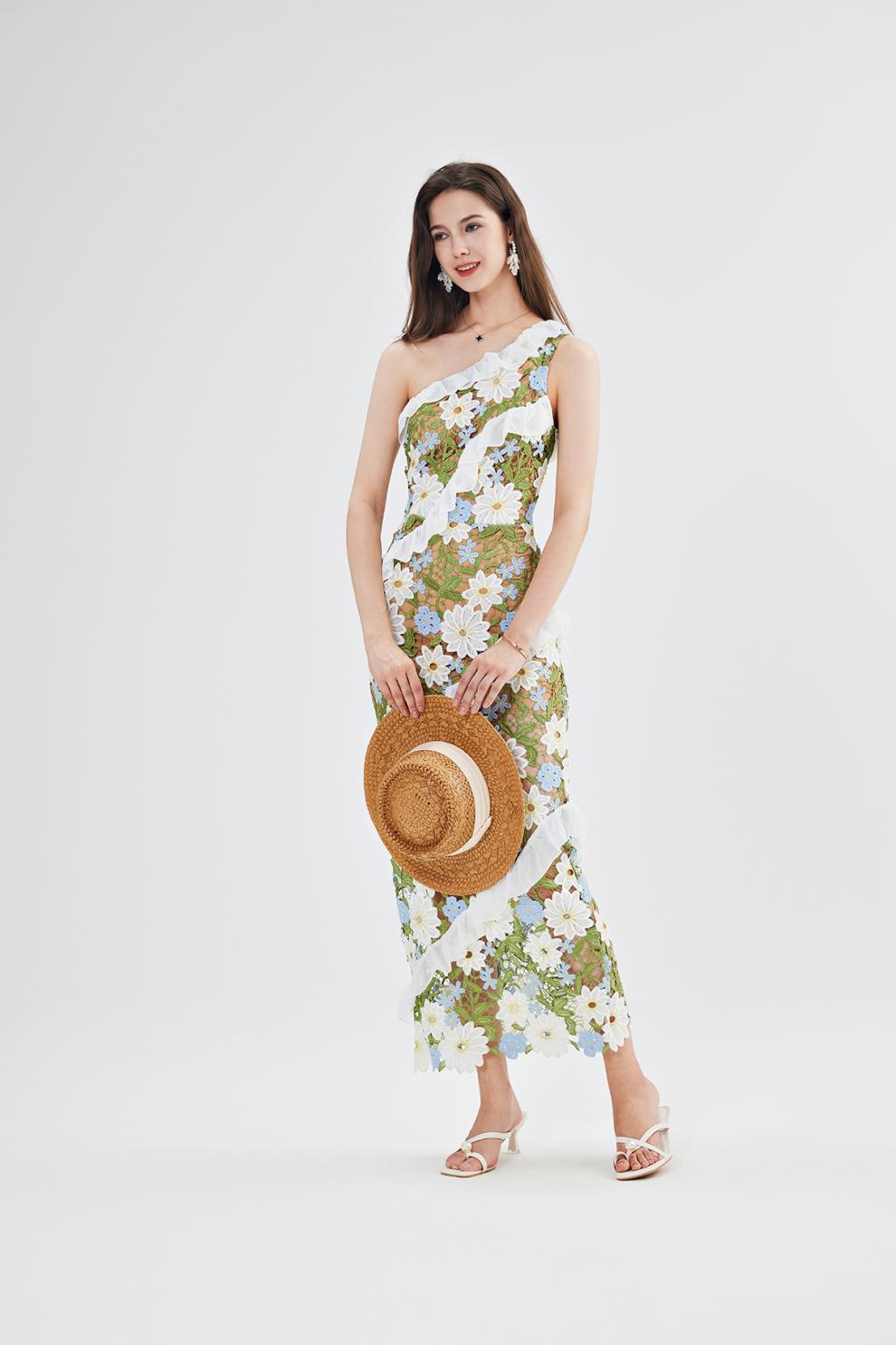 Green Floral Lace Ruffle Dress