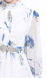 Blue Cherry Flowy Floral Tiered Chiffon Gown With Belt