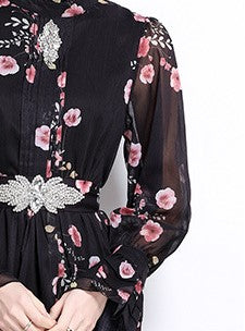 Black Flowy Floral Tiered Chiffon Gown With Belt